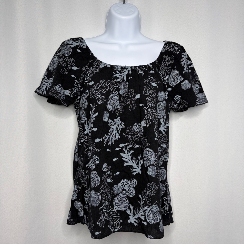 Fresh Produce Womens Cotton‎ Coastal Seashell Print Top Black Blue Sz M Nautical